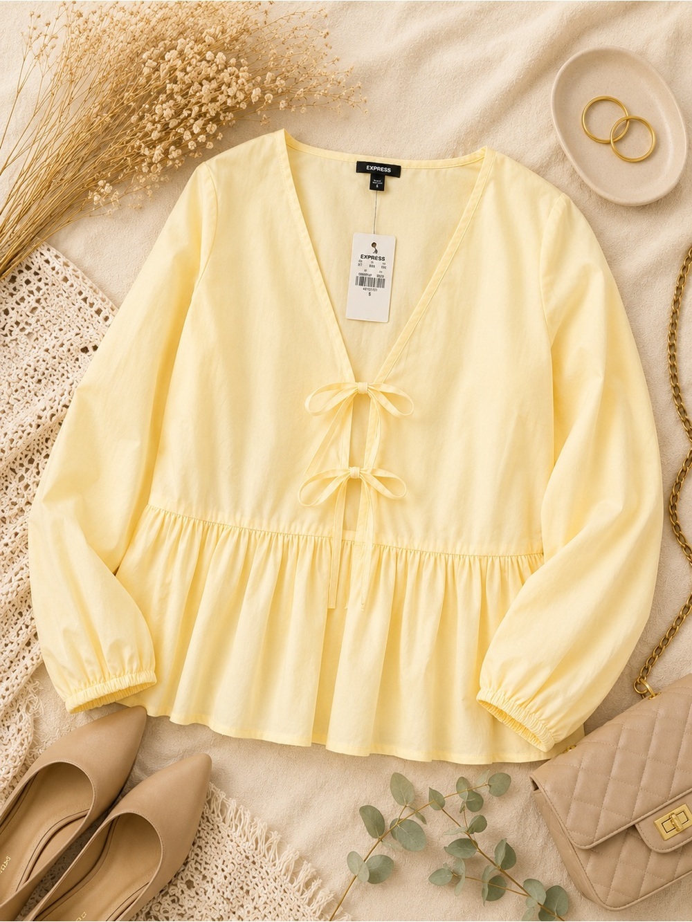 Express Butter Yellow Tie Front Peplum Blouse | Cottagecore Top Small NWT